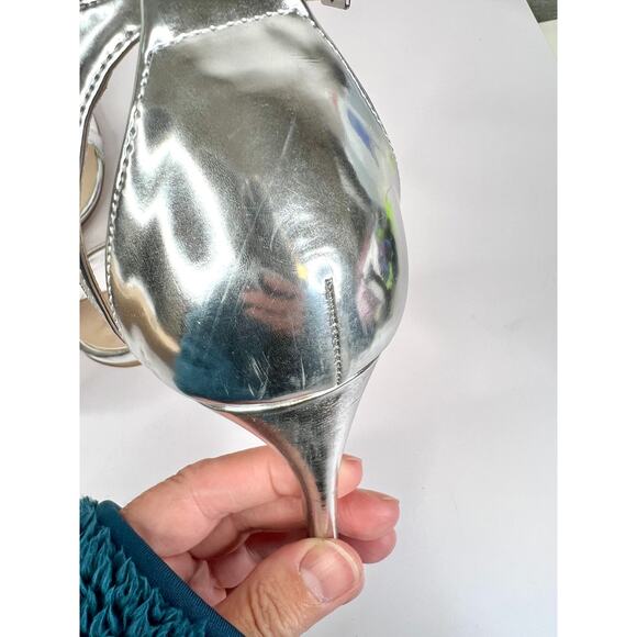 ASOS Size 8 Silver Shiny 3 Inch Ankle Strap Heels Open Toe - Picture 12 of 16